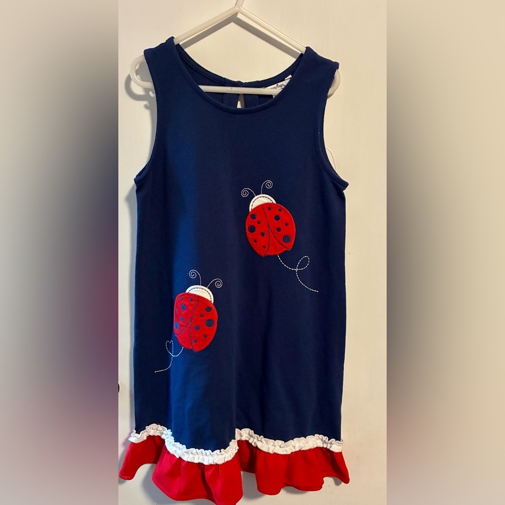 Hartstrings Girls Ladybug Shift Dress Size 10 Navy Red Sleeveless Ruffle Bow